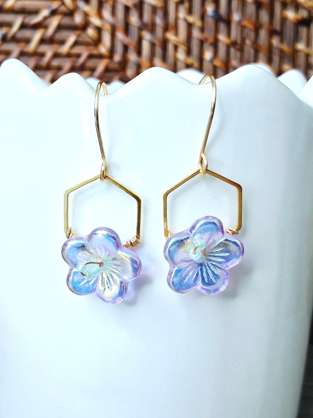 Gold Hexagon Earrings with Iridescent Lavender Flower Charms